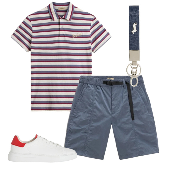 Outfit uomo - Weekend. Stile Casual per Tutti i giorni. Abbinamento con sneakers, portachiavi, polo, pantaloni corti.