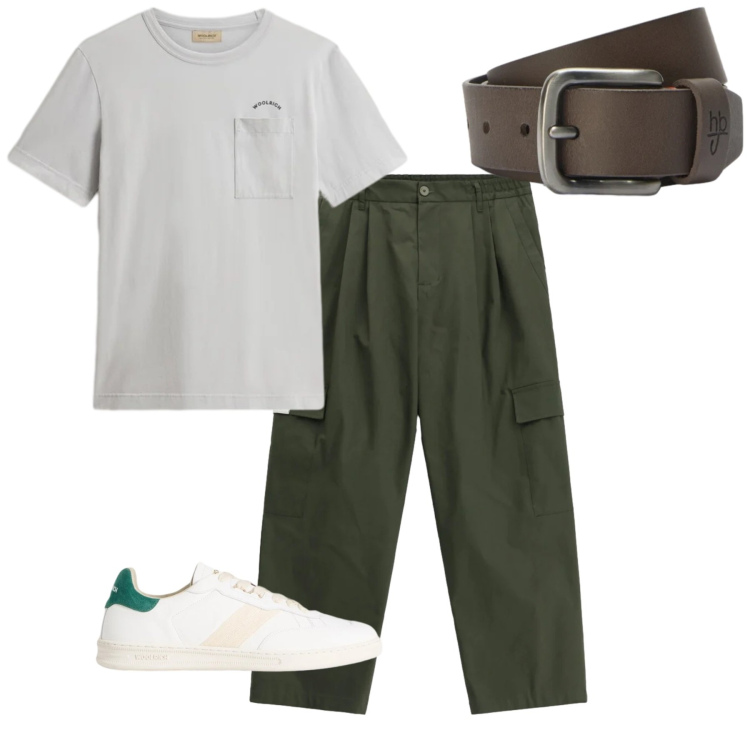 Outfit uomo - Pomeriggio. Stile Casual per Tutti i giorni. Abbinamento con cinture, t-shirt, sneakers, pantaloni cargo.