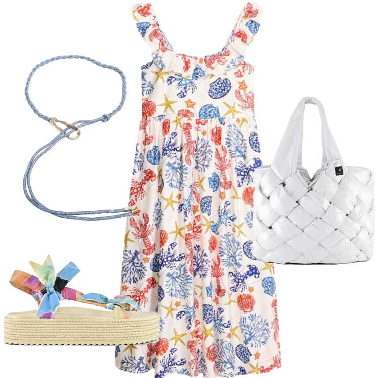 Outfit donna - Sale. Stile Casual per Tutti i giorni. Abbinamento con vestiti corti, cinture, borse tote, sandali.