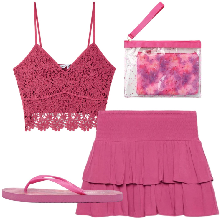 Outfit donna - Vacanza. Stile Casual per Mare. Abbinamento con pochette, top, infradito, minigonne.