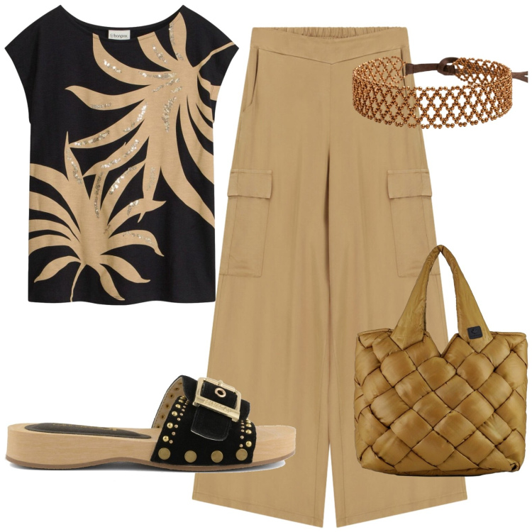 Outfit donna - Sale. Stile Casual per Tutti i giorni. Abbinamento con t-shirt, pantaloni a palazzo, cinture, borse tote, ciabatte.