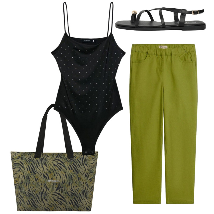 Outfit donna - Total look. Stile Bon Ton per Tutti i giorni. Abbinamento con pantaloni, top, sandali, shopping bag.