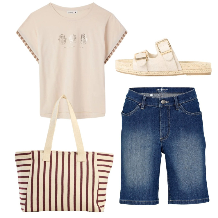 Outfit donna - Total look. Stile Casual per Tutti i giorni. Abbinamento con bermuda, ciabatte, shopping bag, t-shirt.