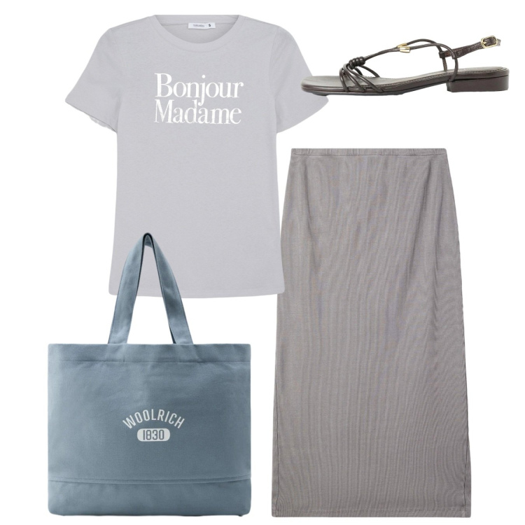 Outfit donna - Total look. Stile Bon Ton per Tutti i giorni. Abbinamento con sandali, gonne longuette, t-shirt, borse tote.