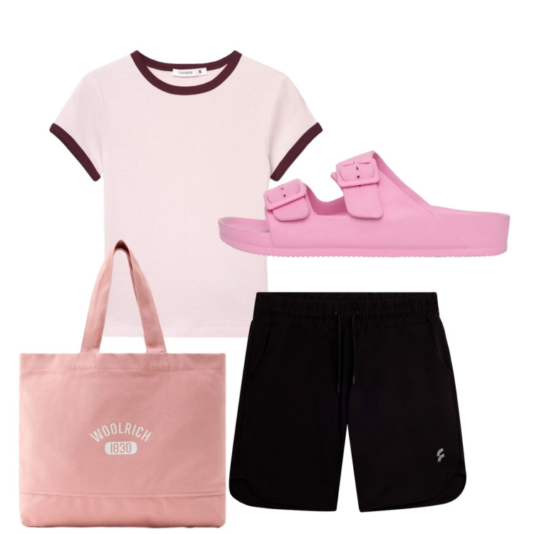 Outfit donna - Total look. Stile Basic per Tutti i giorni. Abbinamento con t-shirt, ciabatte, bermuda, borse tote.