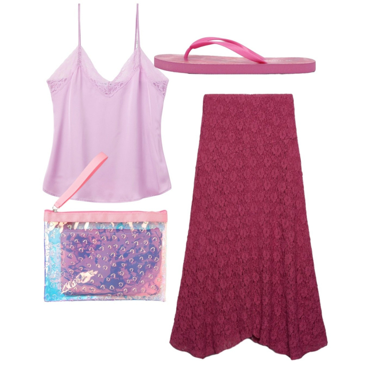 Outfit donna - Total look. Stile Basic per Tutti i giorni. Abbinamento con gonne lunghe, infradito, canottiere, pochette.