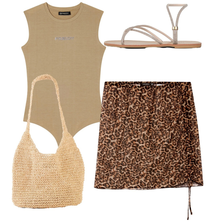 Outfit donna - Total look. Stile Casual chic per Tutti i giorni. Abbinamento con shopping bag, minigonne, sandali, top.