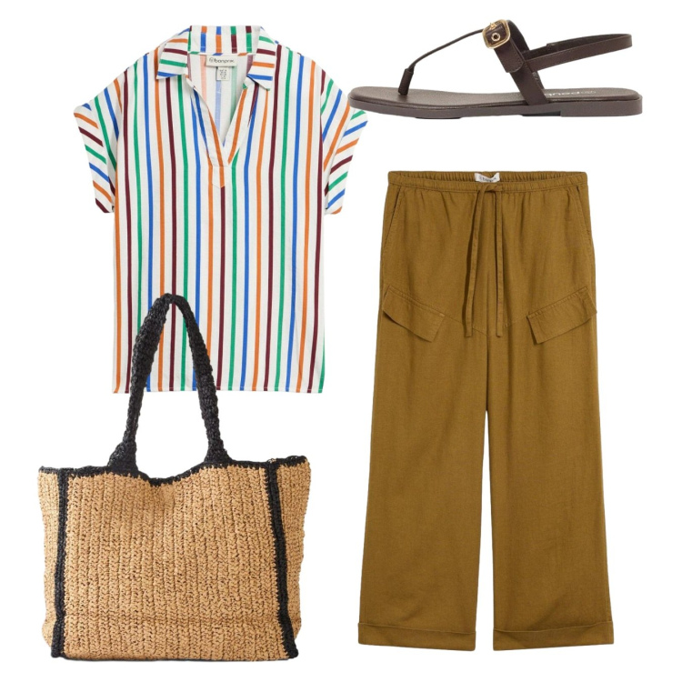 Outfit donna - Total look. Stile Basic per Scuola/Università. Abbinamento con pantaloni, bluse, shopping bag, sandali.