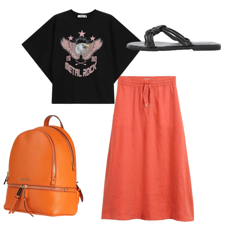 Outfit donna - Università. Stile Basic per Scuola/Università. Abbinamento con zaini, gonne lunghe, sandali, t-shirt.