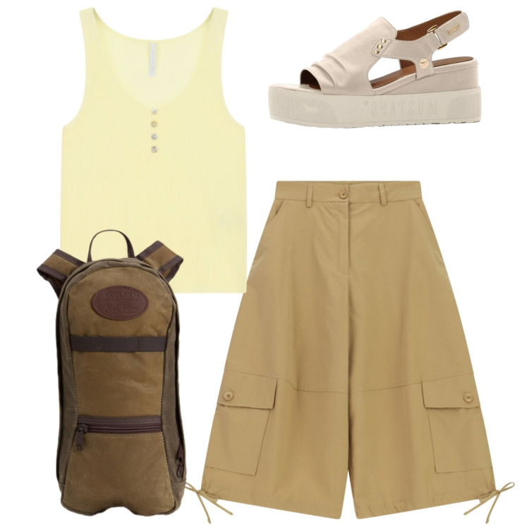 Outfit donna - Total look. Stile Casual per Tutti i giorni. Abbinamento con sandali, pantaloni a palazzo, canottiere, zaini.