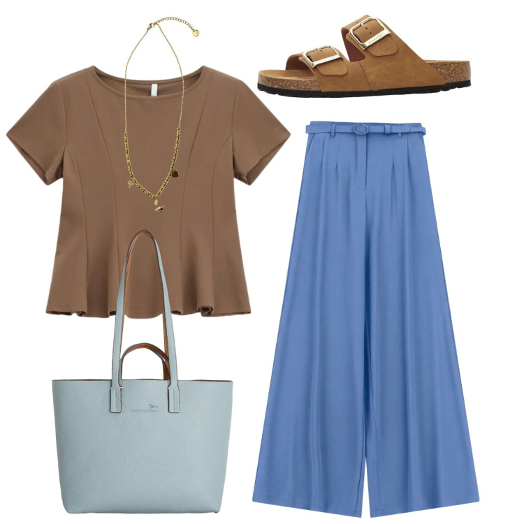 Outfit donna - Total look. Stile Bon Ton per Tutti i giorni. Abbinamento con ciabatte, shopping bag, top, pantaloni a palazzo, ciondoli.