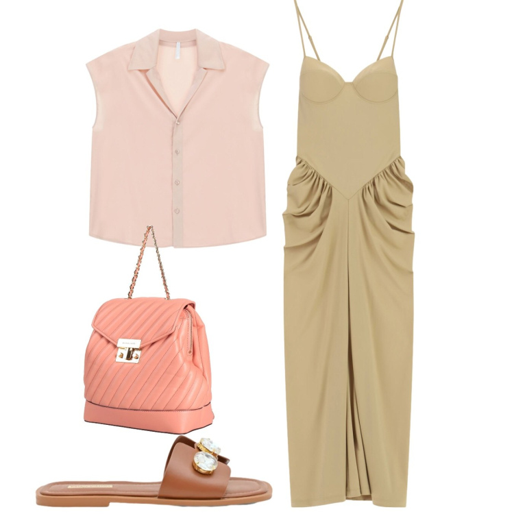 Outfit donna - Total look. Stile Chic per Tutti i giorni. Abbinamento con zaini, sandali gioiello, vestiti lunghi, camicie a manica corta.