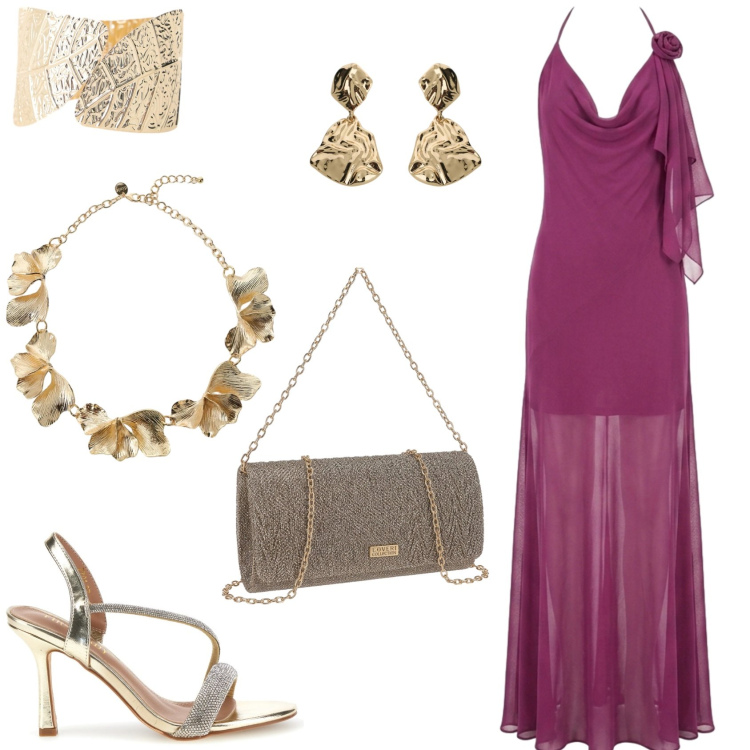 Outfit donna - L\'outfit per una sera speciale. Stile Glamour per Serata fuori. Abbinamento con braccialetti, orecchini, collane, vestiti lunghi, sandali col tacco, pochette.