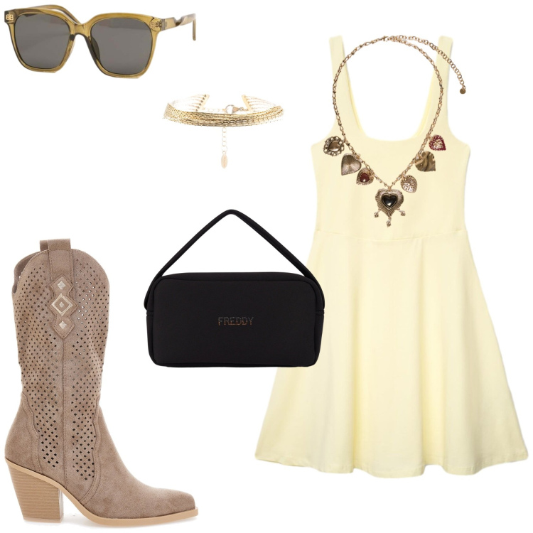 Outfit donna - Femminilità e carattere. Stile Rock per Serata fuori. Abbinamento con vestiti corti, collane, braccialetti, borse a mano, occhiali da sole, stivaletti texani.