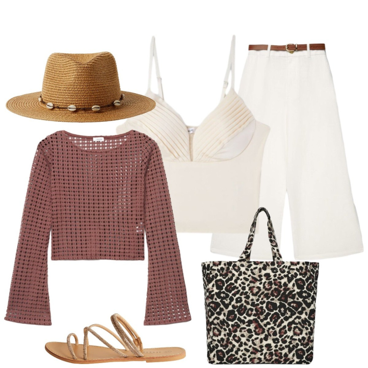 Outfit donna - Total look #2427129. Stile Casual chic per Tutti i giorni. Abbinamento con canottiere, cappelli, shopping bag, maglieria, pantaloni a palazzo, sandali.