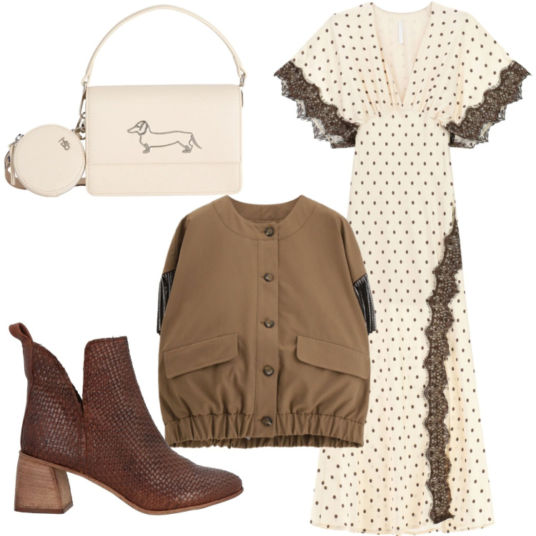 Outfit donna - Pois. Stile Basic per Serata fuori. Abbinamento con stivaletti, vestiti lunghi, gilet, borse a tracolla.