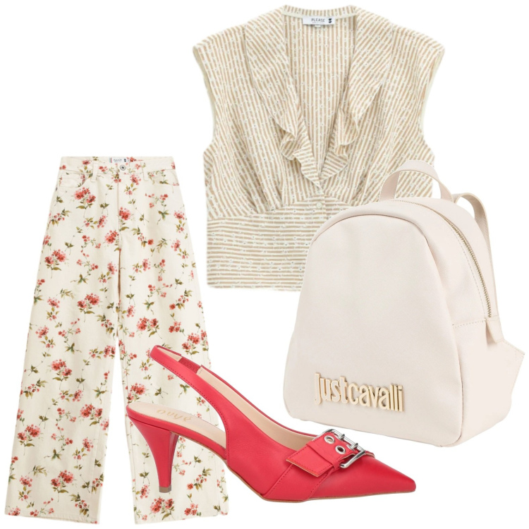 Outfit donna - In ufficio. Stile Casual per Ufficio. Abbinamento con zaini, décolleté, camicie, pantaloni a palazzo.