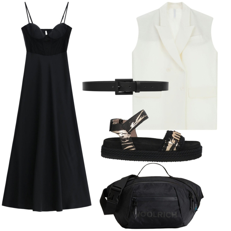 Outfit donna - Serata con le amiche. Stile Casual per Serata fuori. Abbinamento con espadrillas, cinture, vestiti lunghi, gilet, borse a tracolla.