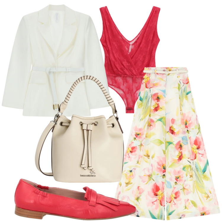 Outfit donna - Floreale. Stile Glamour per Tutti i giorni. Abbinamento con mocassini, borse a secchiello, pantaloni a palazzo, blazer, top.