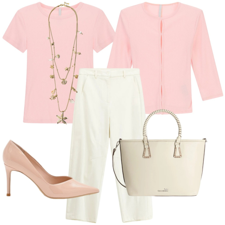 Outfit donna - Casual. Stile Glamour per Tutti i giorni. Abbinamento con shopping bag, décolleté, t-shirt, pantaloni, t-shirt, collane.