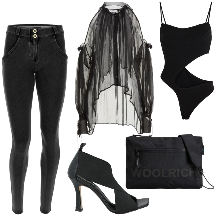 Outfit donna - Dark. Stile Basic per Serata fuori. Abbinamento con sandali in pelle, body, camicie, jeggings, borse a tracolla.