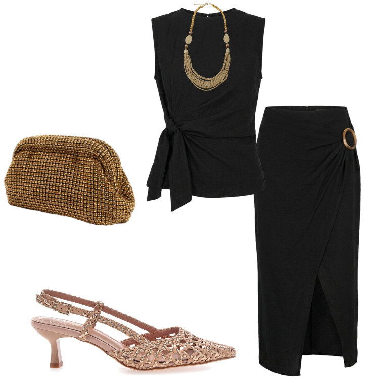 Outfit donna - Summer Sale Style. Stile Casual chic per Serata fuori. Abbinamento con gonne longuette, clutch, top, collane, décolleté.
