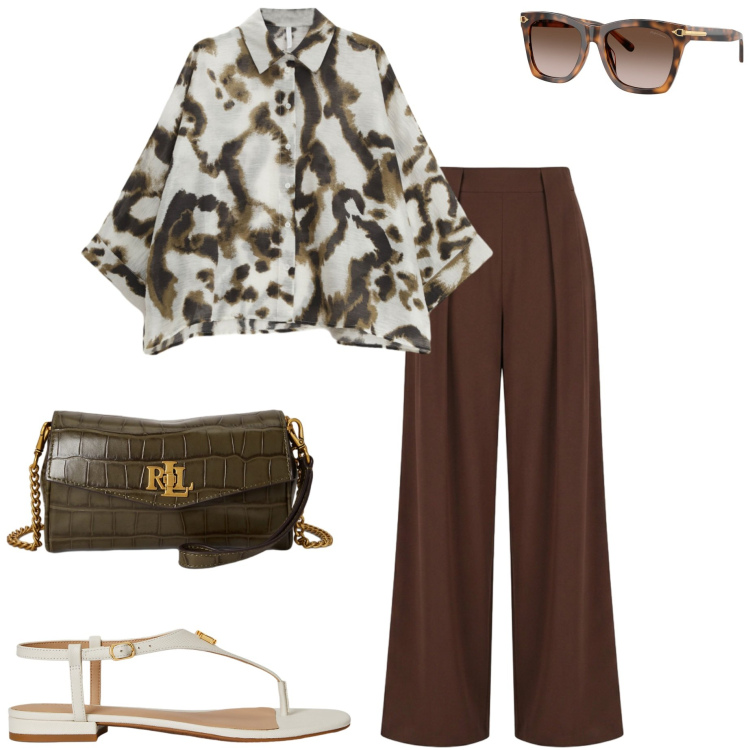 Outfit donna - Summer Sale Style. Stile Casual chic per Ufficio. Abbinamento con pantaloni a palazzo, camicie, sandali in pelle, portafogli, occhiali da sole.