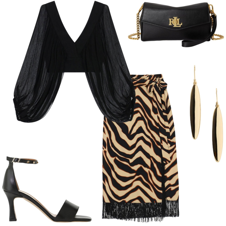 Outfit donna - Summer Sale Style. Stile Casual chic per Serata fuori. Abbinamento con sandali col tacco, top, gonne longuette, portafogli, orecchini.