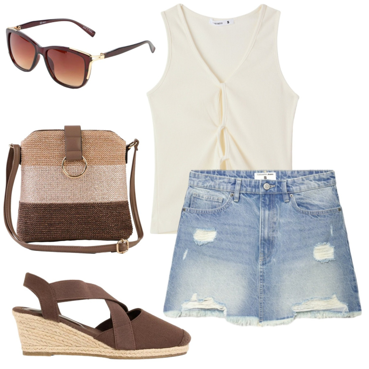 Outfit donna - Un\'Eleganza Disinvolta. Stile Casual chic per Tutti i giorni. Abbinamento con borse a tracolla, occhiali da sole, zeppe, canottiere, minigonne, cappelli.
