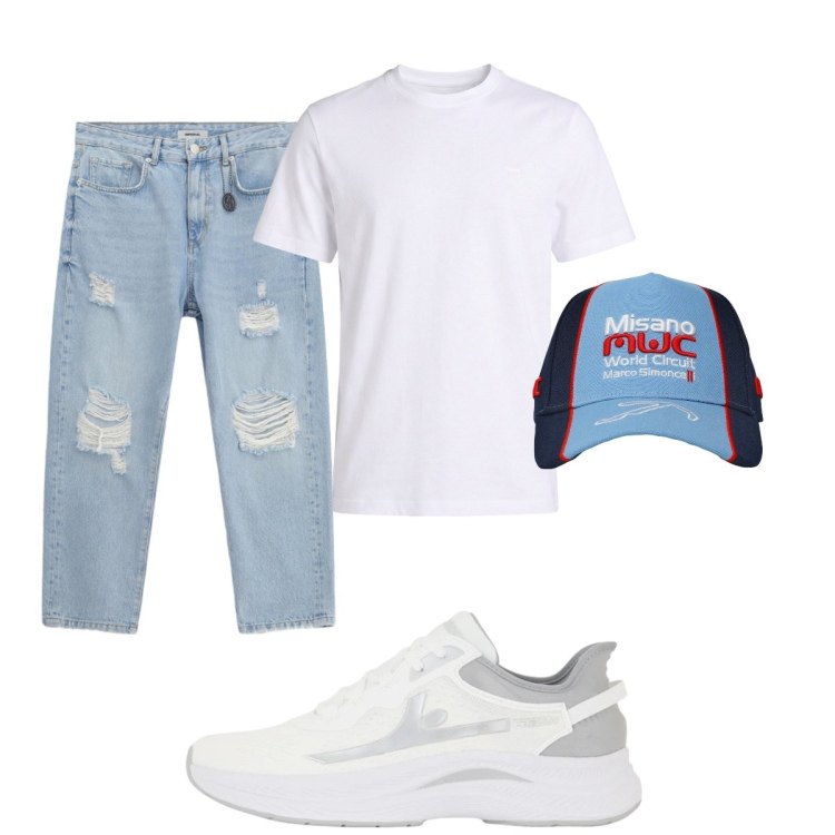 Outfit uomo - Total look #2427160. Stile Casual per Tutti i giorni. Abbinamento con t-shirt, cappelli, sneakers, jeans strappati.