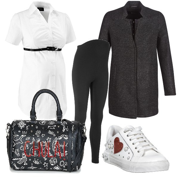 Outfit donna - Una futura mamma comoda e trendy. Stile Trendy per Tutti i giorni. Abbinamento con leggings, camicia premaman con cintura effetto vernice con scollo a maniche corte, cappotto grigio, borsetta nero, sneakers con lacci e punta tonda tinta unita bianco.