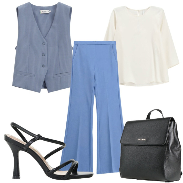 Outfit donna - Eleganza curvy : minimal. Stile Minimal per Serata fuori. Abbinamento con zaini, top, pantaloni, sandali col tacco, gilet.