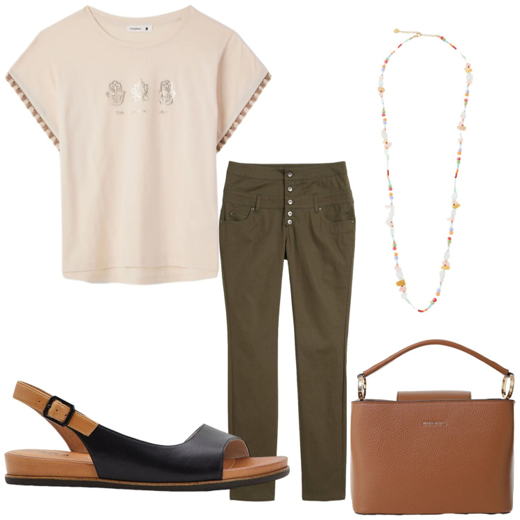 Outfit donna - Total look #2427182. Stile Basic per Tutti i giorni. Abbinamento con pantaloni skinny, sandali, t-shirt, borse a secchiello, collane.