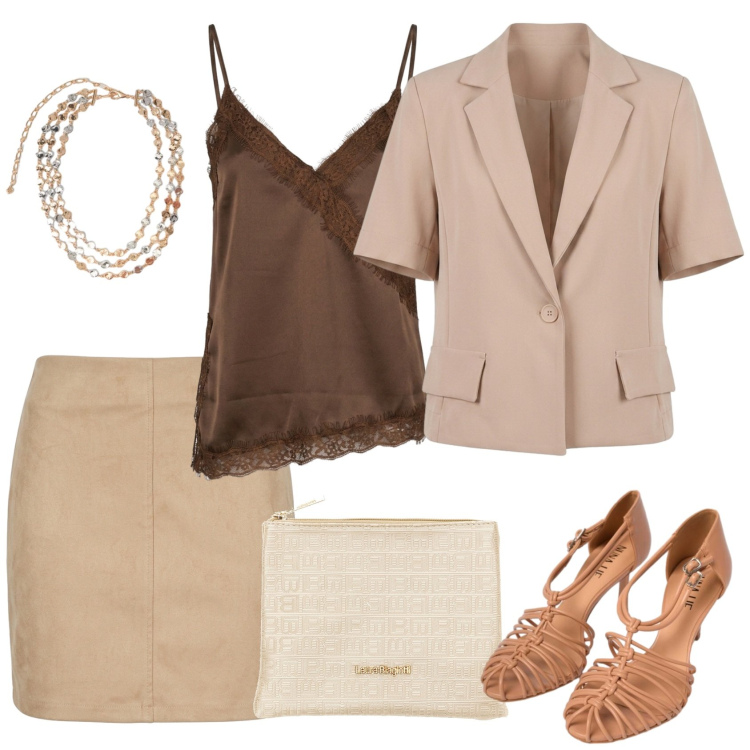 Outfit donna - Corti in ufficio. Stile Casual chic per Ufficio. Abbinamento con blazer, canottiere, minigonne, sandali in pelle, collane, pochette.