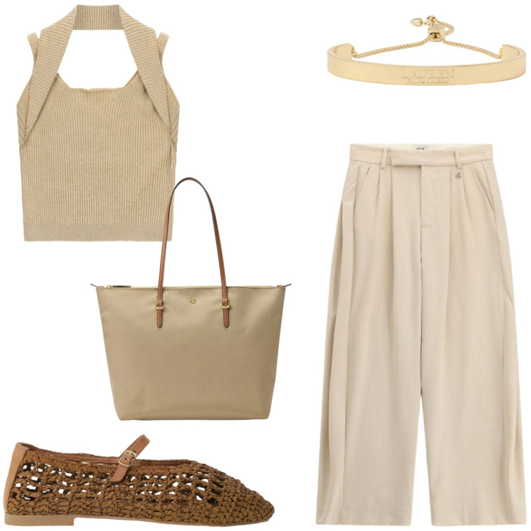 Outfit donna - Fresca e comoda. Stile Casual chic per Tutti i giorni. Abbinamento con borse tote, braccialetti, pantaloni a palazzo, ballerine, top.