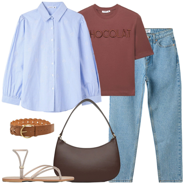 Outfit donna - Chocolat. Stile Casual per Tutti i giorni. Abbinamento con t-shirt, jeans mom, camicie, cinture, sandali, borse a tracolla.