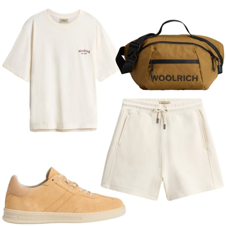 Outfit donna - Passeggiata nella natura. Stile Sporty chic per Sport. Abbinamento con t-shirt, borse a tracolla, sneakers, shorts.