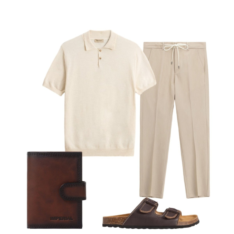Outfit uomo - Total look #2427191. Stile Trendy per Tutti i giorni. Abbinamento con sandali, polo, pantaloni, portafogli.