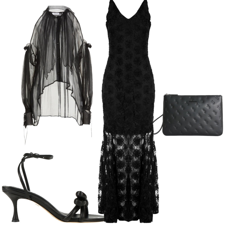 Outfit donna - Sera. Stile Glamour per Serata fuori. Abbinamento con camicie, sandali in pelle, anelli, vestiti lunghi.
