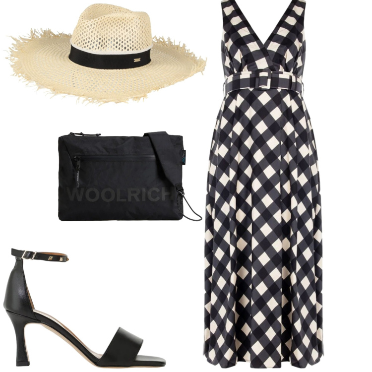 Outfit donna - Summertime. Stile Urban per Tutti i giorni. Abbinamento con cappelli, sandali col tacco, vestiti lunghi, borse a tracolla.