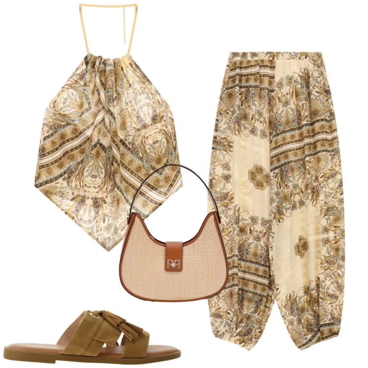 Outfit donna - Al mare. Stile Casual chic per Mare. Abbinamento con borse a spalla, sandali, pantaloni, top.