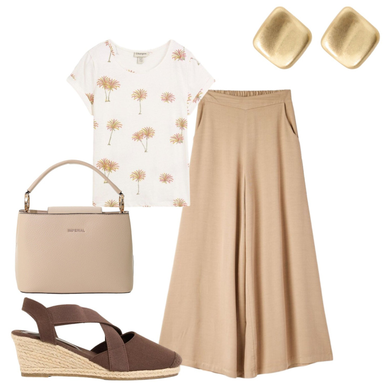 Outfit donna - City. Stile Urban per Tutti i giorni. Abbinamento con t-shirt, zeppe, pantaloni, borse a secchiello, orecchini.