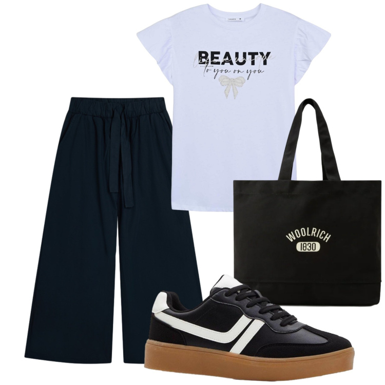 Outfit donna - Total look #2427221. Stile Casual per Tutti i giorni. Abbinamento con sneakers, t-shirt, pantaloni, borse tote.