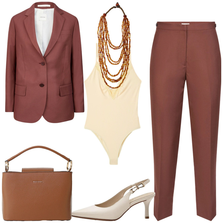Outfit donna - Total look #2427241. Stile Chic per Ufficio. Abbinamento con décolleté, body, borse a secchiello, collane, blazer, pantaloni.