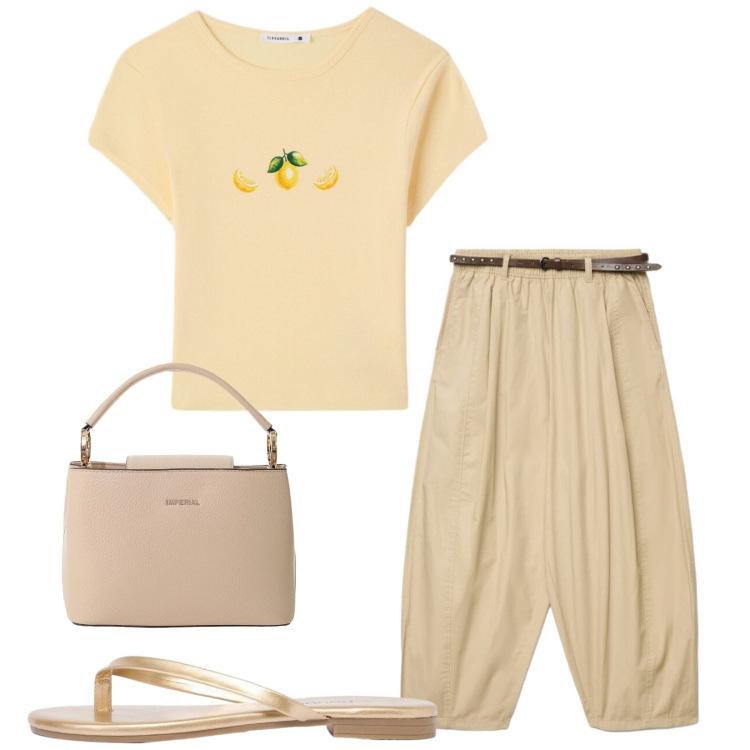 Outfit donna - Total look #2427243. Stile Chic per Tutti i giorni. Abbinamento con sandali, t-shirt, pantaloni, borse a secchiello.