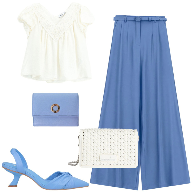 Outfit donna - Total look #2427250. Stile Bon Ton per Cerimonia. Abbinamento con décolleté, borse a tracolla, bluse, pantaloni a palazzo, portafogli.