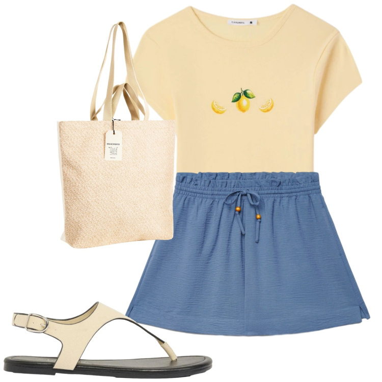 Outfit donna - Al mare. Stile Casual per Mare. Abbinamento con infradito, t-shirt, shorts, borse tote.