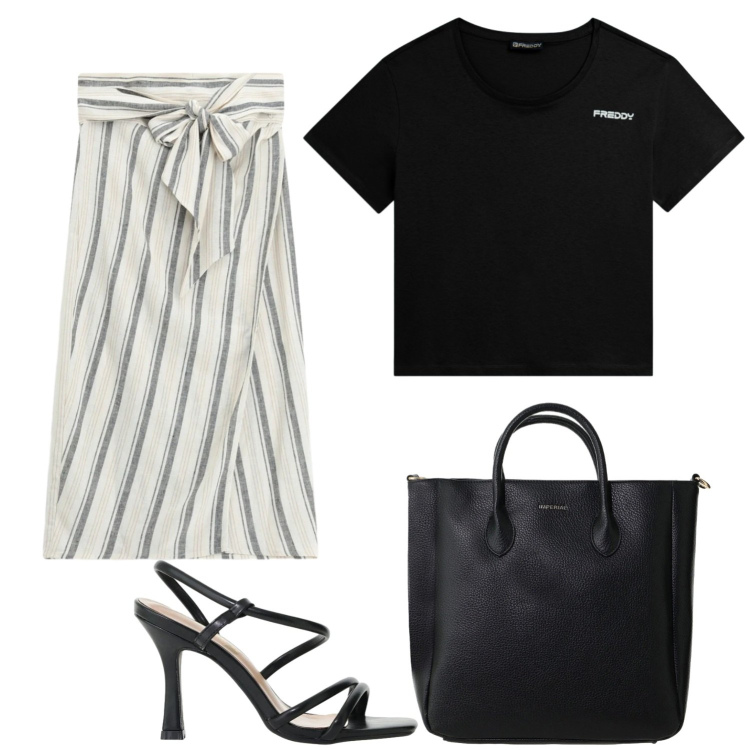 Outfit donna - La gonna a righe. Stile Casual chic per Tutti i giorni. Abbinamento con t-shirt, gonne longuette, borse a tracolla, sandali col tacco.