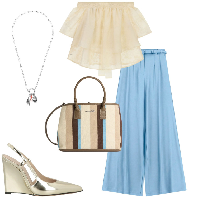 Outfit donna - Eleganza morbida e femminile. Stile Casual chic per Tutti i giorni. Abbinamento con décolleté, pantaloni a palazzo, bluse, shopping bag, ciondoli.
