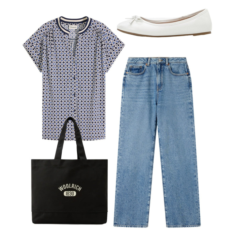 Outfit donna - Total look. Stile Bon Ton per Tutti i giorni. Abbinamento con ballerine, bluse, jeans dritti, borse tote.